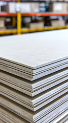 Stacked Gypsum Drywall Sheets In Warehouse