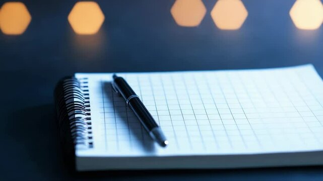 Notebook and pen are lying on a dark surface with bokeh lights and network grid in the background