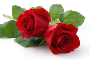 Two vibrant red roses with green leaves, isolated on a clean white background