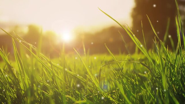 Serene close-up of a grassy field at sunset, where pollen gently drifts through the air. The warm, golden glow highlights the delicate particles floating
