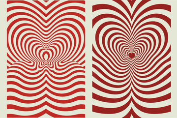 abstract optical illusion design featuring a concentric heart pattern made from bold, curved red and cream-colored stripes