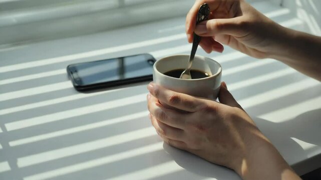 Hot Coffee Being Stirred by Hand in Calm Minimal Setting