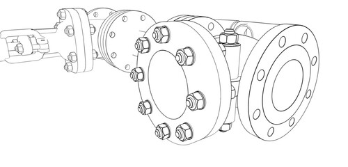 Technical drawing CAD stylized industrial pipe component or flange assembly, part of a pressurized system
