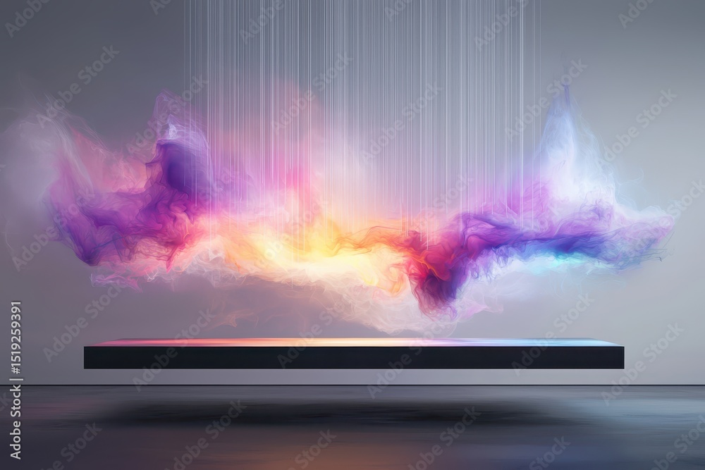 Poster Contemporary dining room concept. Abstract colorful waves of light with suspended elements create a mesmerizing visual effect.