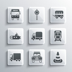Set Car, Traffic cone, Train and railway, Delivery cargo truck, Submarine, Bus and Wild west covered wagon icon. Vector