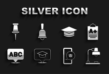 Fototapeta premium Set Graduation cap in speech bubble, Exam sheet with A plus grade, Table lamp, mobile, Alphabet, Push pin and Ringing bell icon. Vector