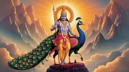 Murugan,Hindu, Hindu deity, peacock mount, mountain backdrop