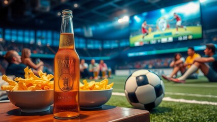 Cold beer and chips against the backdrop of a football and stadium. The atmosphere of the match, a delicious snack and drink - everything for a perfect evening.