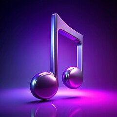 A shiny metallic music note stands out against a vibrant purple and blue gradient background