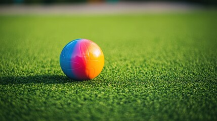 Naklejka premium Turf Playground: Colourful Ball on Green Astroturf at Indoor Play Park