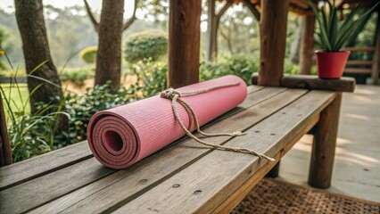 Rolled up pink yoga mat on a wooden bench, tied with rope. Minimalist style with an emphasis on natural materials and calm. Perfect for fitness and relaxation.