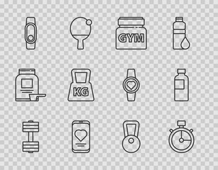 Set line Dumbbell, Stopwatch, Sports nutrition, Mobile with heart rate, Smartwatch, Weight, Kettlebell and Fitness shaker icon. Vector