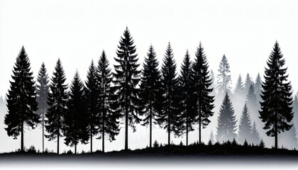 Silhouette of fir trees in forest landscape isolated on white background for nature design and wilderness scenery illustrations
