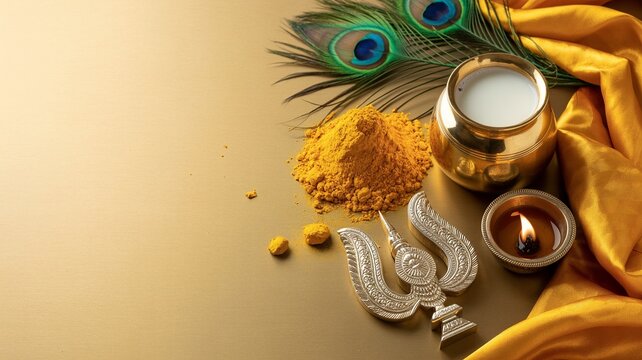 Murugan,Hindu, Golden Hindu offering, turmeric, milk, peacock feathers