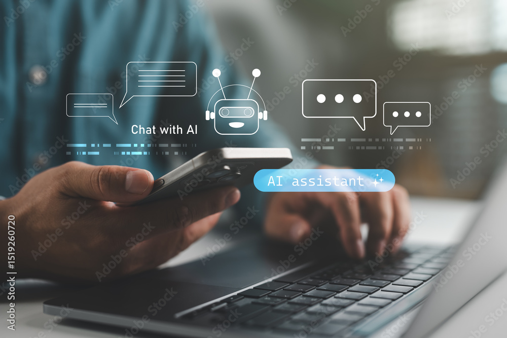 Aufkleber AI assistant concept in daily life with chatbot interface on smartphone and laptop, representing smart communication, personal assistant, and future technology integration in modern digital lifestyle.