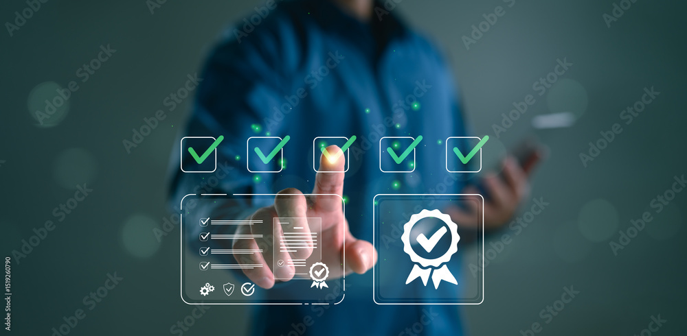 Poster Quality assurance concept with man checking virtual checklist. Digital quality control and service guarantee idea for business standards, certification, and workflow efficiency.