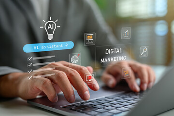 AI digital marketing concept showing artificial intelligence assistant managing advertising, SEO, analysis, and e-commerce goals for modern online marketing and business strategy content.