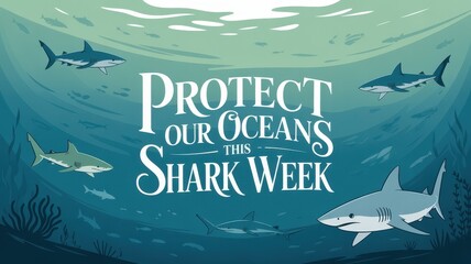Protecting marine life in a serene underwater environment during Shark Week in a minimalist style. Shark Awareness Day and Shark Week