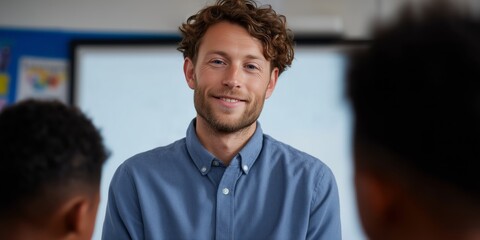 Fototapeta premium Young caucasian male teacher engaging with students in classroom setting