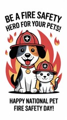 Playful illustration of a dog and cat as firefighters promoting pet fire safety day. National Pet Fire Safety Day