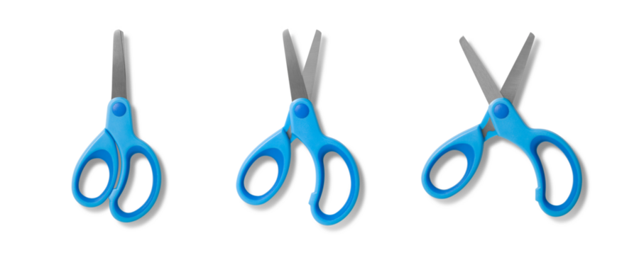 Blue children's scissors, closed open and wide open, isolated on a transparent background, PNG. High resolution.