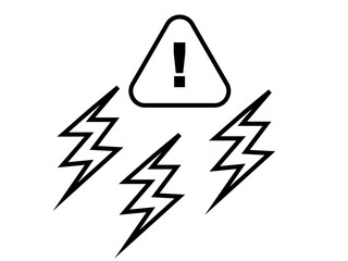 A triangular warning sign with a lightning bolt symbol enclosed in a circle. This minimalist line art icon indicates a potential hazard related to high voltage electricity.