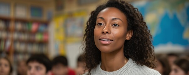African adult female teacher engages students in classroom discussion