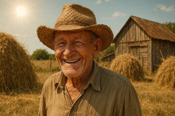 Fototapeta premium Elderly man smiles while wearing a straw hat in a countryside setting with haystacks and a rustic barn during sunny weather