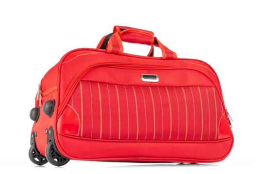 Red rolling duffel bag with stitched pattern and top handles. Travel luggage with front pocket. Isolated on transparent background PNG.