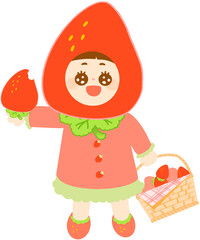 딸기 농장 체험 행사에 참여한 어린 아이가 딸기와 딸기가 가득 든 바구니를 들고 있는 일러스트