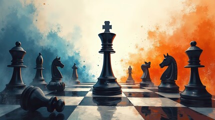 Majestic chess pieces on a reflective board in a misty autumn forest setting