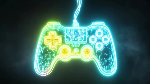Neon gaming controller illuminates the room with vibrant colors and pulsating lights during an energetic gaming session at a nighttime event