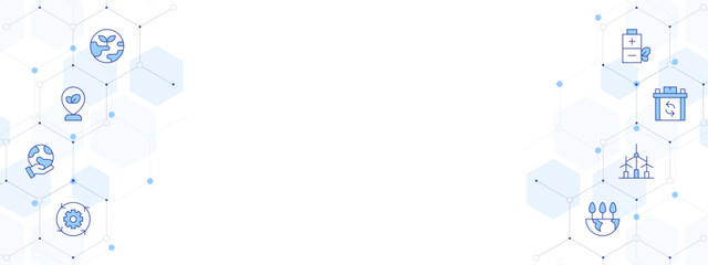 Sustainability Banner Vector Illustration with Two-sided Icon Style. Line Duotone icon. Containing. earth, green city, hand, sustainable, world, wind turbine, reusable, eco battery