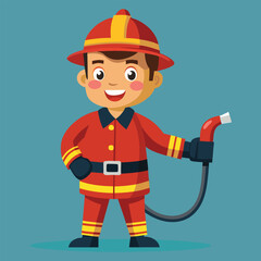 Happy little firefighter holding hose cartoon illustration