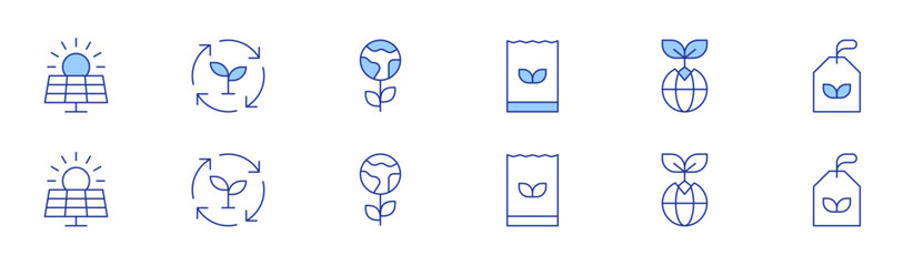 Sustainability icon set in two styles, Duotone and Thin Line style. Editable stroke. solar panel, shopping bag, sustainability, earth, green planet, eco tag