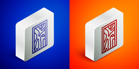 Isometric line Closed door icon isolated on blue and orange background. Silver square button. Vector