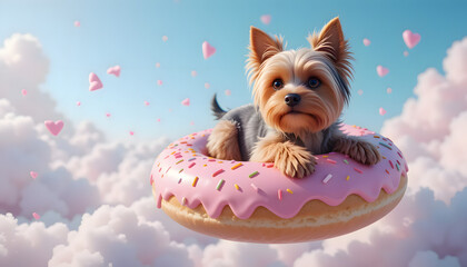 Yorkie dog in pink donut floating among clouds