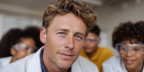 Caucasian male scientist engaging with diverse young students in laboratory