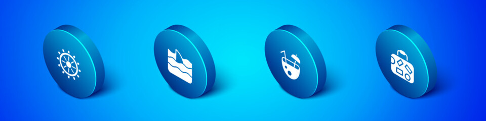 Set Isometric Ship steering wheel, Coconut cocktail, Suitcase and Shark fin ocean wave icon. Vector
