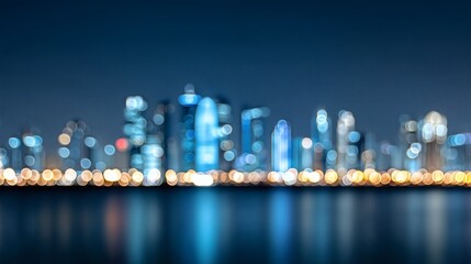 Cityscape at night with blue bokeh, Blurred skyline reflecting on water, Perfect for modern tech or nightlife themes