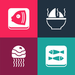 Set pop art Canned fish, Jellyfish, Shark fin soup and Fish head icon. Vector