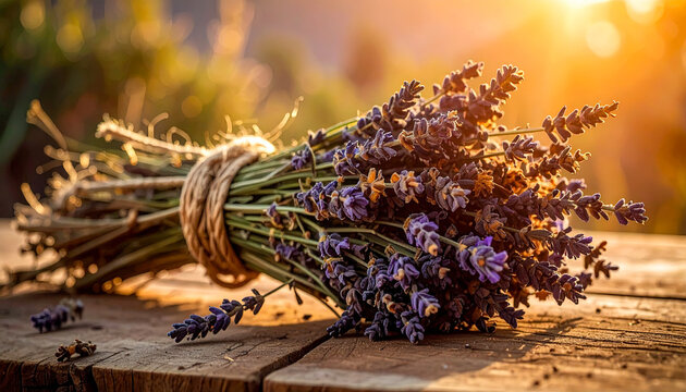 A bunch of lavender flowers are tied together with a rope. The flowers are purple and are arranged in a bundle. The scene has a calming and soothing mood