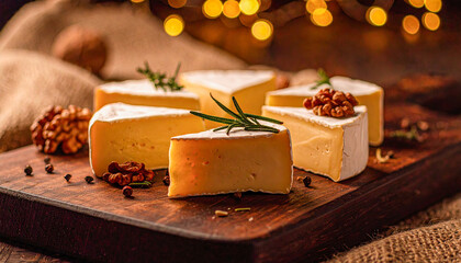 A wooden cutting board with a variety of cheeses and nuts on it. The cheeses are cut into slices and arranged in a circle. The nuts are scattered around the cheeses