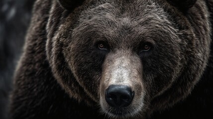Dark-toned bear portrait with direct gaze, Powerful grizzly bear close-up, Ideal for nature photography or predator themes
