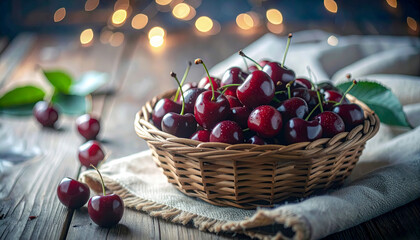 A basket of cherries sits on a table. The cherries are ripe and ready to eat