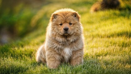 Chow Chow Puppy Relaxing in Lush Green Grass Field, Majestic Fur Coat Basking in Sunlight under Clear Blue Sky on a Warm Spring Day.