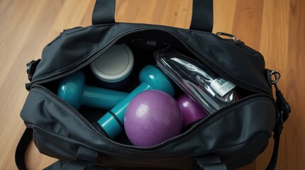 Black gym bag with open zipper showing sports equipment inside


