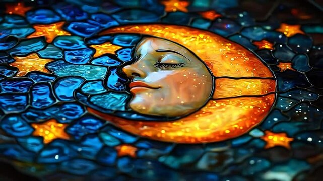 Stained glass moon, face, stars, celestial, dreamy.  A woman's face, peaceful, sleeping, nestled within a crescent moon, surrounded by a vibrant, colorful, textured stained glass design