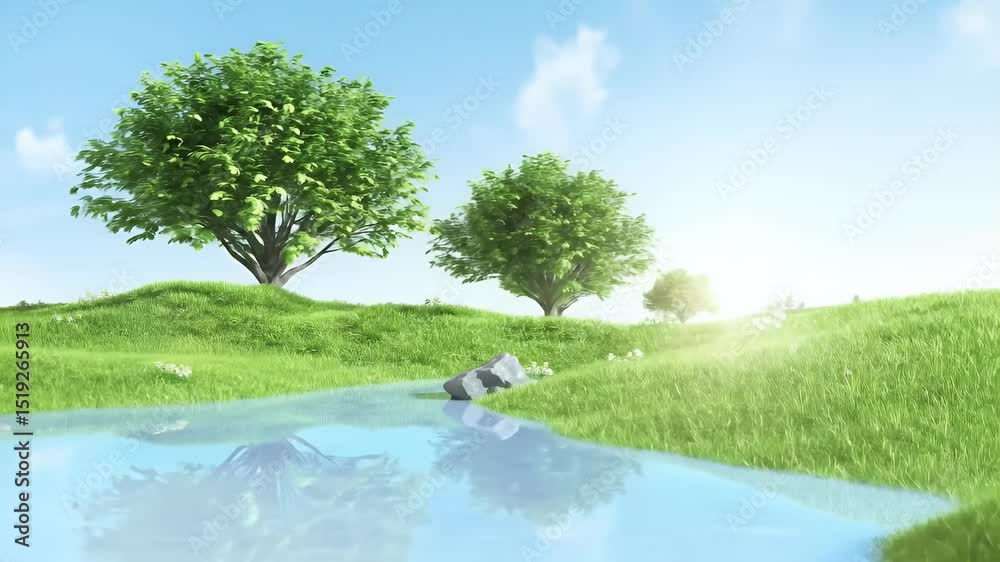 Aufkleber 緑の丘と木のイラストレーションが輝く太陽の下に流れる川を描いた穏やかな風景