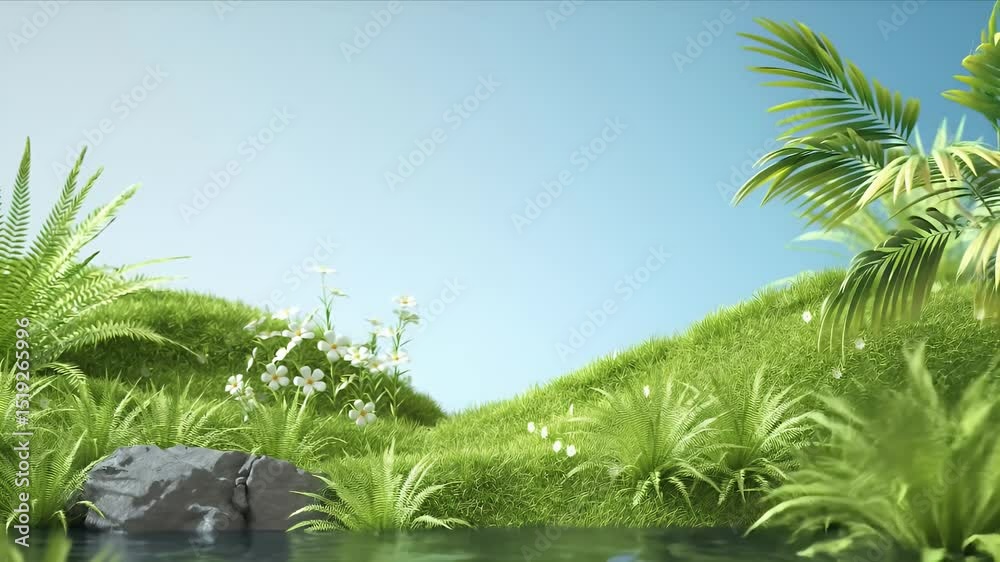 Aufkleber 青い空の下の緑豊かな牧草地と水辺の静かな風景 デイジーとヤシの木が背景にあり平和で穏やかなリラックスできる背景